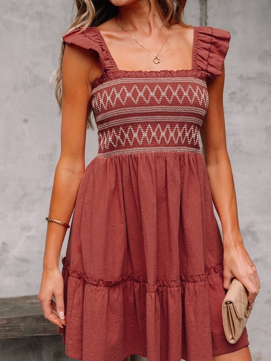 SHEIN Dresses & Skirts - SHEIN Rust Smocked Mini Dress with White Embroidery